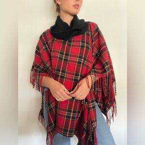 Talbots red and black plaid tartan poncho with scoop neck & fringe